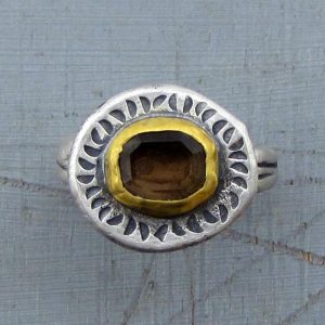 Handmade Smoky Topaz 24 karat gold and silver ring