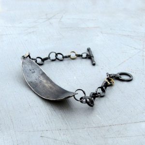 Textured 22k gold wide bar and silver bracelet