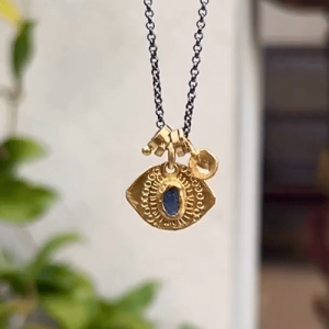 Rough Sapphire evil eye 22k gold necklace