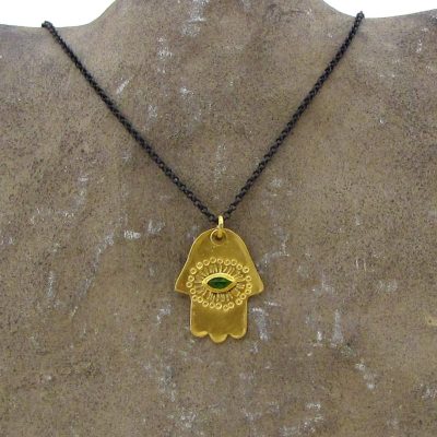 Chrome Diopside 22k gold Hamsa pendant necklace