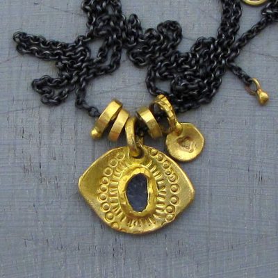 Rough Sapphire evil eye 22k gold necklace