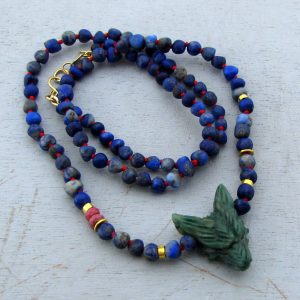 Aventurine wolf head Lapis Lazuli and 22k gold necklace