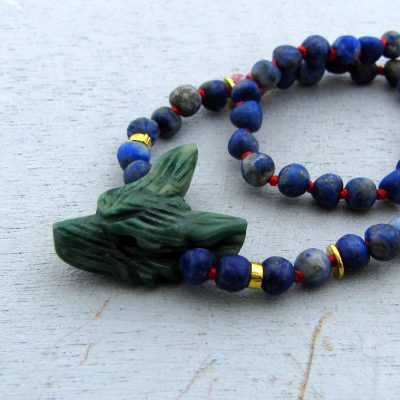 Aventurine wolf head Lapis Lazuli and 22k gold necklace