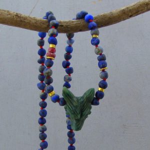Aventurine wolf head Lapis Lazuli and 22k gold necklace