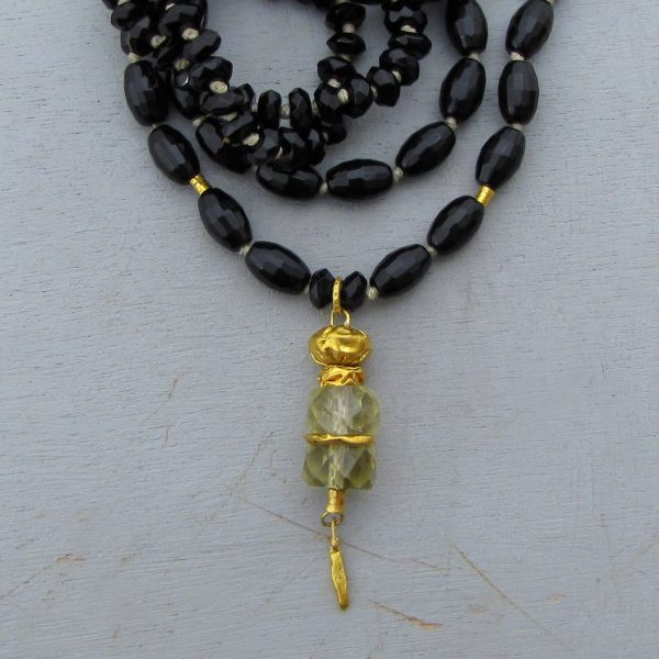 Solid 24k gold Onyx and Lemon Quartz necklace