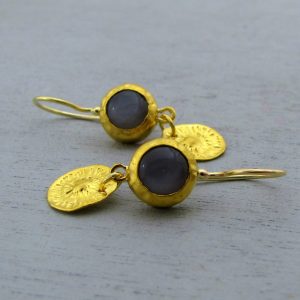 Dangle Gray Moonstone 24k gold earrings