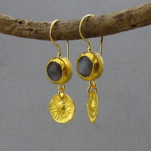 Dangle Gray Moonstone 24k gold earrings