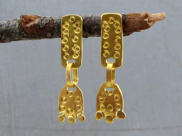 Handmade long 22 karat gold dangle stud earrings