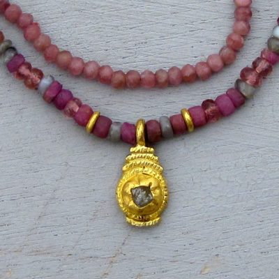 Pink Tourmaline and Rough Diamond 24k gold necklace