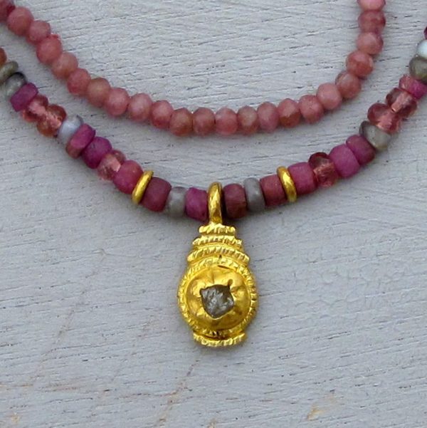 Pink Tourmaline and Rough Diamond 24k gold necklace