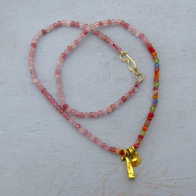 Strawberry Quartz 24k gold beaded necklace