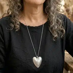 Large artisan silver heart pendant necklace