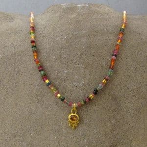 Zircon Carnelian and Tourmaline 24k Gold pendant necklace