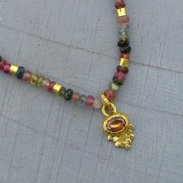 Zircon Carnelian and Tourmaline 24k Gold pendant necklace