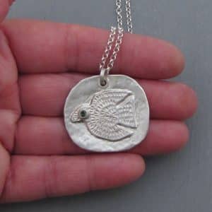 Large artisan fine silver bird pendant necklace