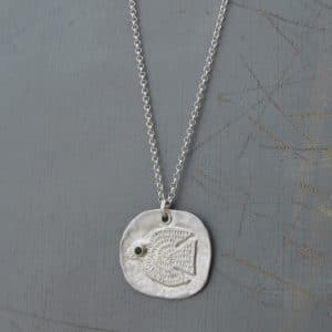 Large artisan fine silver bird pendant necklace