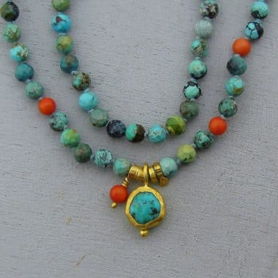 Handmade Turquoise beads and 24k gold necklace